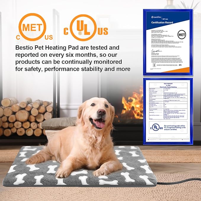 Bestio Cat Heating Pad 16 in Pet Heating Pad, Obtained MET and UL Dual Certification,Smart Thermostat Switch Adjustable from 1-24 Hours, Indoor Heated Electric Pet Bed for Cats Dogs - Gray