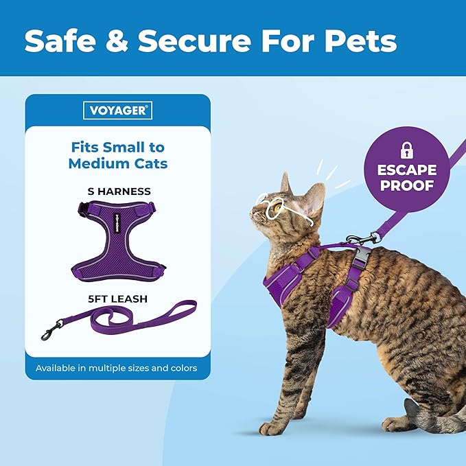 Voyager Escape-Proof Step-in Lock Cat Harness & 5ft Neoprene-Handle Leash Set All-Weather Mesh with Reflective Stitching for Small to Large Cats by Best Pet Supplies, Purple (327), M