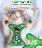 Halypet Cat Harness and Leash Set for Walking, Escape Proof Adjustable Vest Harness with 3-in-1 Integrated Buckles, Easy Control Soft Breathable Mesh with Reflective Strips for Cats, XS, Green Monster