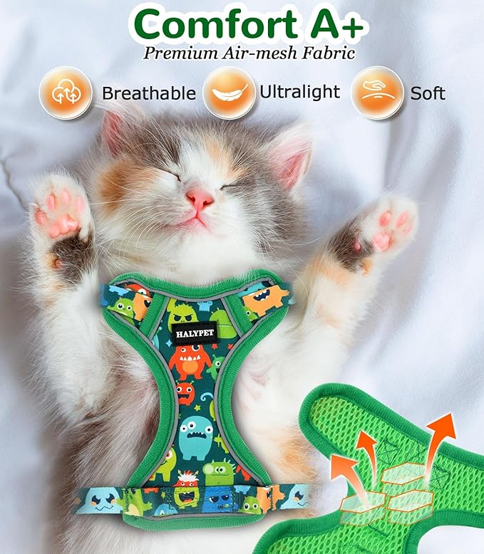 Halypet Cat Harness and Leash Set for Walking, Escape Proof Adjustable Vest Harness with 3-in-1 Integrated Buckles, Easy Control Soft Breathable Mesh with Reflective Strips for Cats, XS, Green Monster