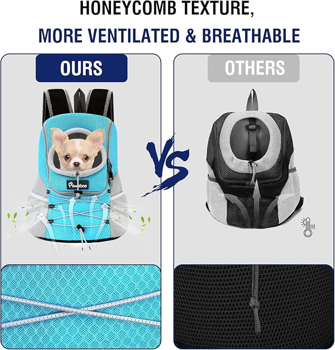 Pawaboo Pet Dog Carrier Backpack, Puppy Dog Travel Front Carrier for Small Medium Dogs Cats, Adjustable Breathable Dog Carrying Backpack with Safety Strips for Hiking, Walking (Blue M Up to 10 lbs)