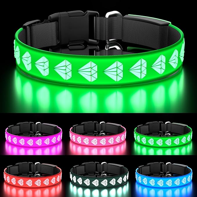 Light Up Dog Collar, LED Dog Collars, Adjustable 15 Multi-Colors Lighted Collar Rechargeable Waterproof Bright Glowing Collar for Small Dogs Night Walk, Green