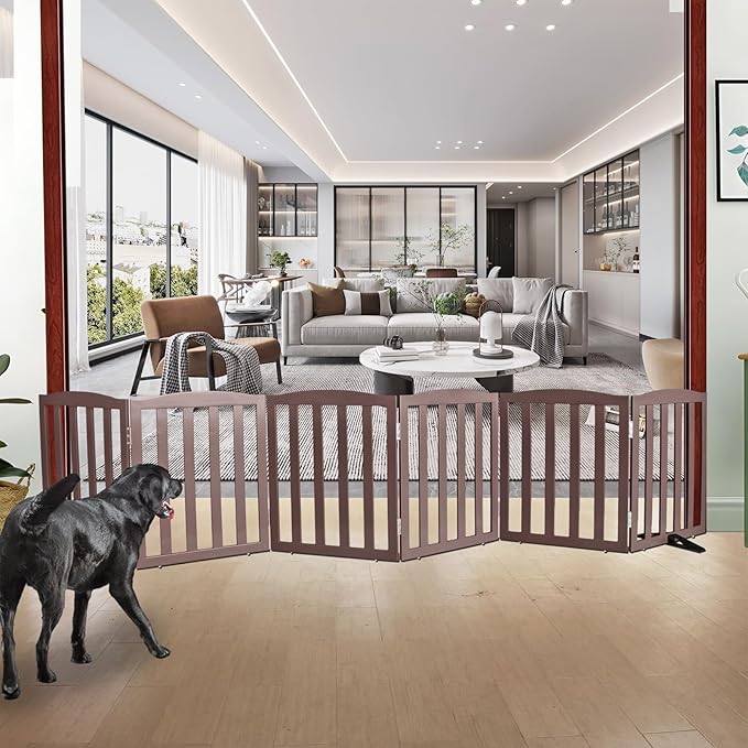 ZJSF Foldable Freestanding Indoor Dog Gate for House Wood Long Pet Gates Dog Fence for Stairs Puppy Gates for Hallways, Puppy Gate,Support Feet Included, Brown, 24 "Height-6 Panels