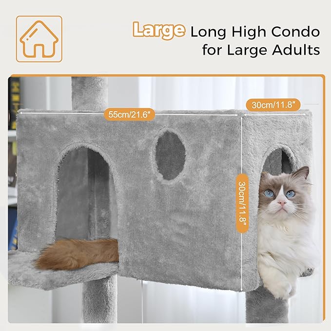 54” Cat Tree with Big Hammock 21x17” Adult Cat Tower with Scratching Posts Featuring Large Top Bed, Scratcher Pad, Spacious Condo House and Detectable Ball for Indoor Cats-Large Gray