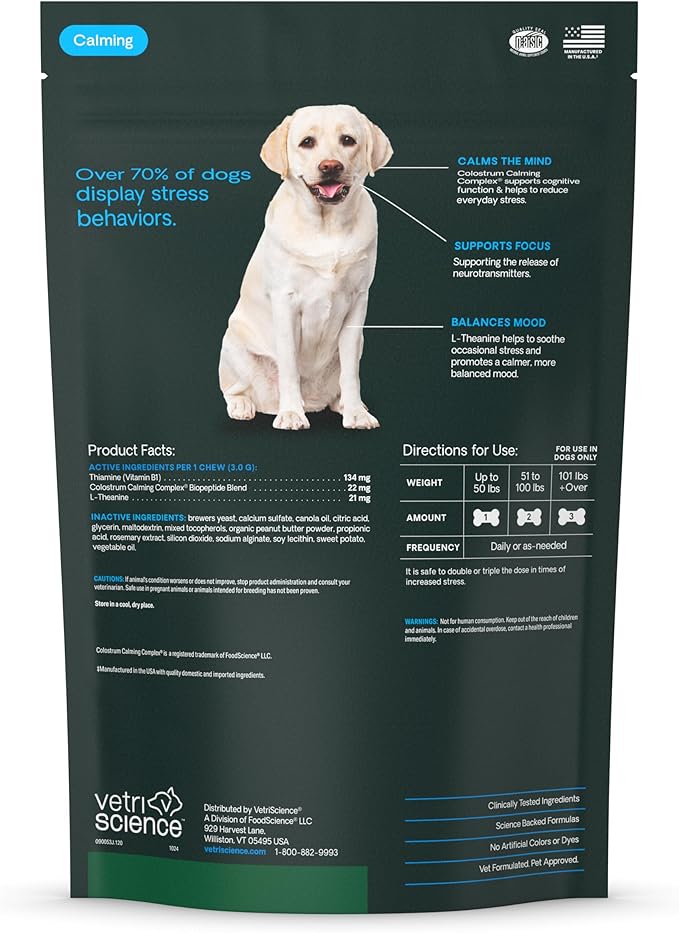 VETRISCIENCE Calm & Confident Chews, Composure Clinically Tested Calming and Anxiety Supplement for Dogs, Reduce Stress and Fear, for Thunderstorms, Fireworks and Travel, Peanut Butter, 120 Count