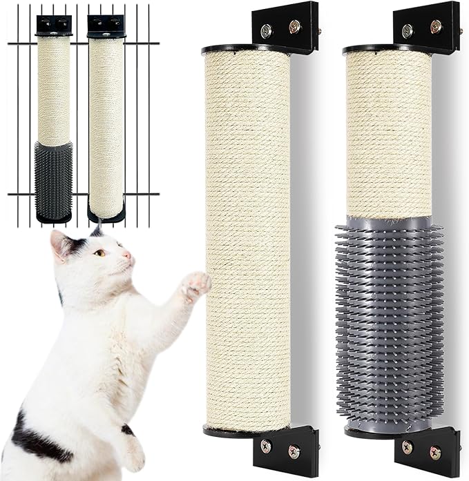 Cat Scratching Post Wall Mounted 2 Pack Cage Mount Cat Scratcher 2-in-1 Natural Sisal Kitty Scratch Posts with Self Groomer Massager for Scratch and Climbing 15.7x2.7in (White)
