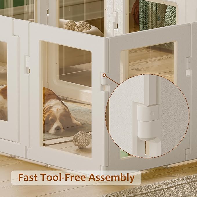 Clear Acrylic Dog Playpen Indoor, Puppy Cat Small Pet Play Pen, Easy Assemble & Disassemble Sturdy Plastic Dog Fence with Heavy Duty Door Lock (24In H, 8PCS), White