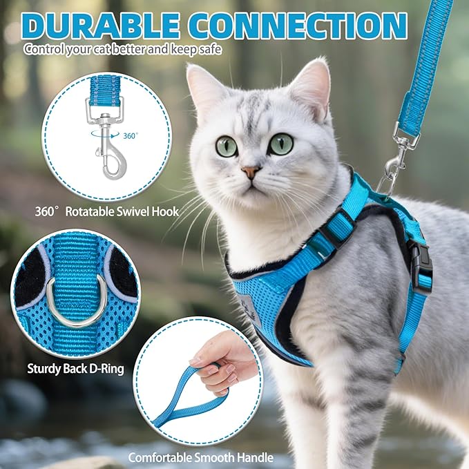 PUPTECK Cat Harness and Leash Set Escape Proof Reflective Cat Walking Harness Adjustable Soft Breathable Mesh Vest for Small Pets, Blue, S