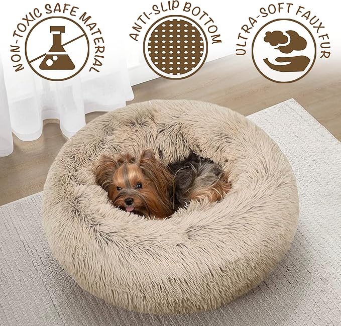 Friends Forever Donut Dog Bed Faux Fur Fluffy Calming Sofa For Large Dogs, Soft & Plush Anti Anxiety Pet Couch For Dogs, Machine Washable Coco Pet Bed with Non-Slip Bottom, 36"x36"x8" Tan