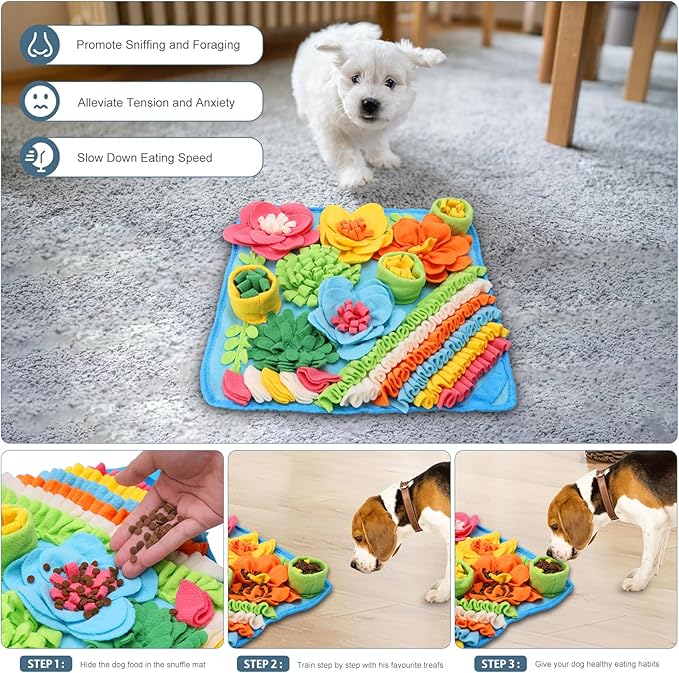 Snuffle Mat for Dogs Cats Rabbits, Pet Treats Feeding Mat, 15.4 x 15.4 inch for Small & Medium, Felt Wool Dog Sniff Mats for Slow Feed, Rabbit Foraging Mats, Relieve Anxiety, with Anti-Slip Bottom