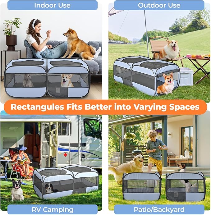 2-in-1 Pop Up Puppy Playpen, Detachable into 2 Separate Pens with Additional Doors, Assembly-Free Portable Cat Dog Crates Pet Pen Tent Kennel Kitten Enclosure Cage Indoor Outdoor Foldable Condo(L)