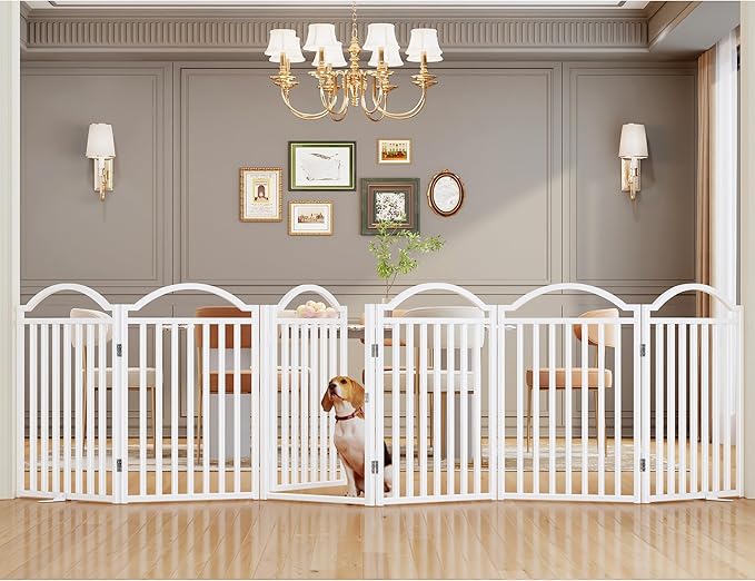 UDD Metal Folding Dog Gate Indoor 144" Extra Wide, 32" Tall Foldable Pet Gate with Door for Stairs Doorways Hallways Porch, Freestanding No Drilling Pet Fence for Dogs Puppy, White 6-Panel