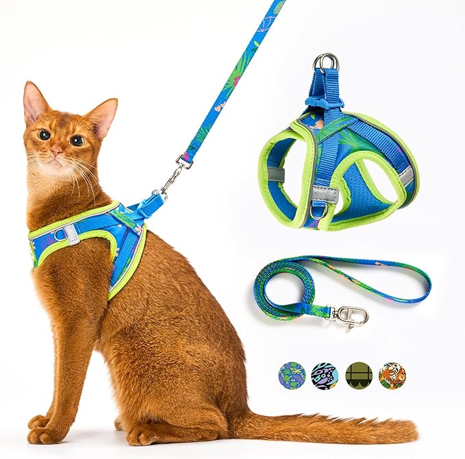 Cat Harness and Leash Set, Step-in Escape Proof Adjustable Vest Harness for Small Medium Large Cats, Lightweight Soft Breathable Reflective Kitten Harness for Walking Travel, Camping(Hawaii Green, L)