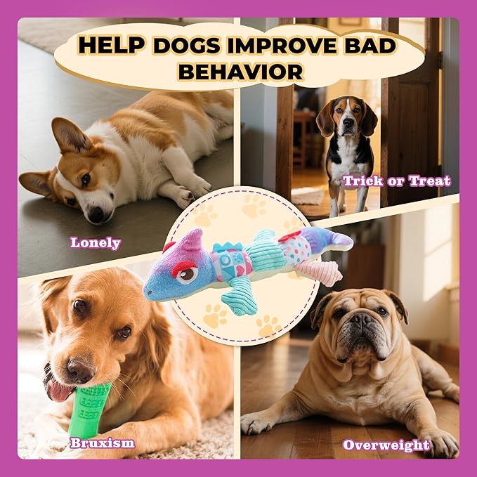 Squeaky Dog Toys Stuffed Tear-Resistant Plush Chameleon Pet Toy Eliminates Boredom for Small Medium Breed, for Chewing and Playing Tug of War (Purple)