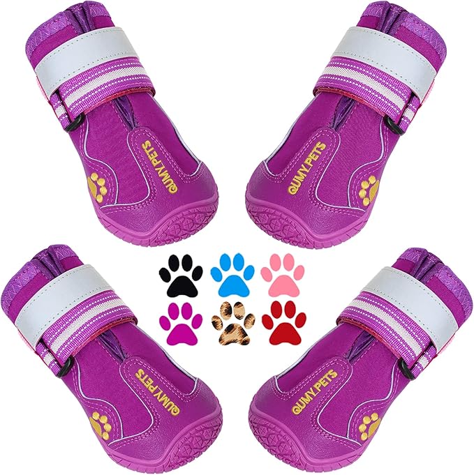 QUMY Dog Shoes for Large Dogs, Medium Dog Boots & Paw Protectors for Winter Snowy Day, Summer Hot Pavement, Waterproof in Rainy Weather, Outdoor Walking, Indoor Hardfloors Anti Slip Sole Purple Size 5