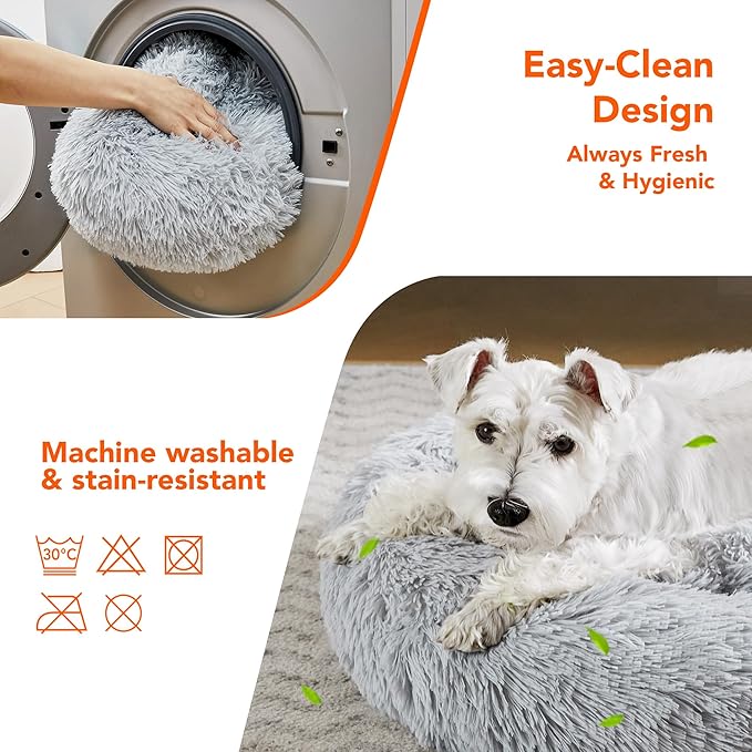 Deconovo Calming Donut Dog Bed, Washable Plush Round Pet Bed for Small Dogs & Cats with Raised Rim, Non-Slip Base and Soft Faux Fur—Lightweight, Easy-Care Design Light Grey 30" L x 30" W x 8" Th