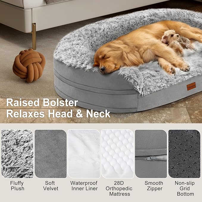 Gimars 3.7in Ultra Thick Orthopedic Dog Beds for Large Dogs,Soft Egg Foam Dog Sofa Bed, 28D Crate Foam Washable Cover, Waterproof Lining Supportive Half-Round for Aging Dogs 41.3x32.6x7.7in