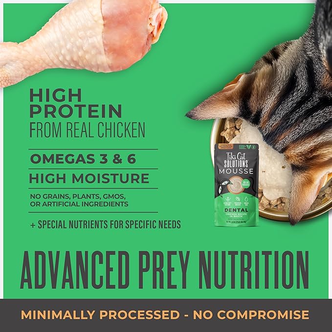 Tiki Cat Solutions Mousse Wet Cat Food, Dental, Chicken Recipe in Broth, 2.4 oz. Pouch (12 Count)