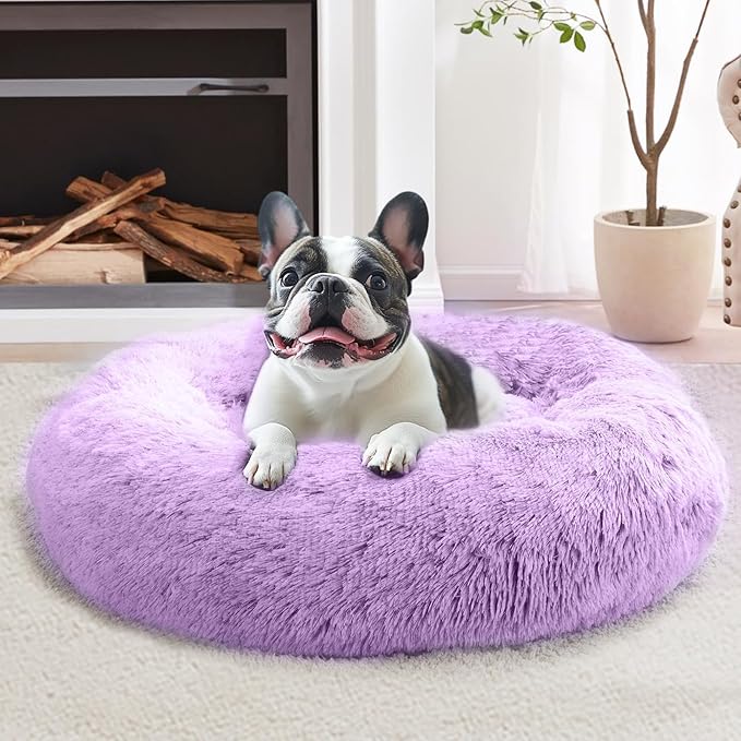 JOLLYVOGUE Small Dog & Cat Beds for Indoor Cats, Donut Cuddler Warming Soft Dog Beds with Anti-Slip Bottom, Round Calming Fluffy Plush Faux Fur Cushion Bed for Large Dogs (36", Purple)