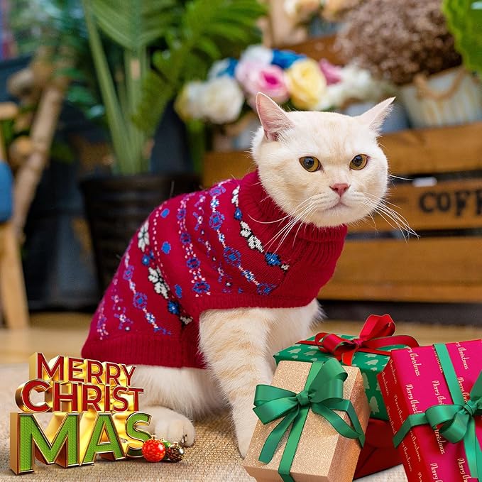 BINGPET Cat Clothes Turtleneck Knitted Sleeveless Cat Sweater - Christmas Outfit for Sphynx & Kitten Puppies(Red,Medium)