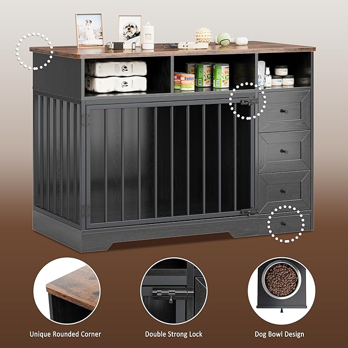 48'' Dog Crate Furniture, Farmhouse Heavy Duty Dog Kennel with Bowl & Storage Drawers, Medium Dog Cage End Table for Small Medium Dogs, Black