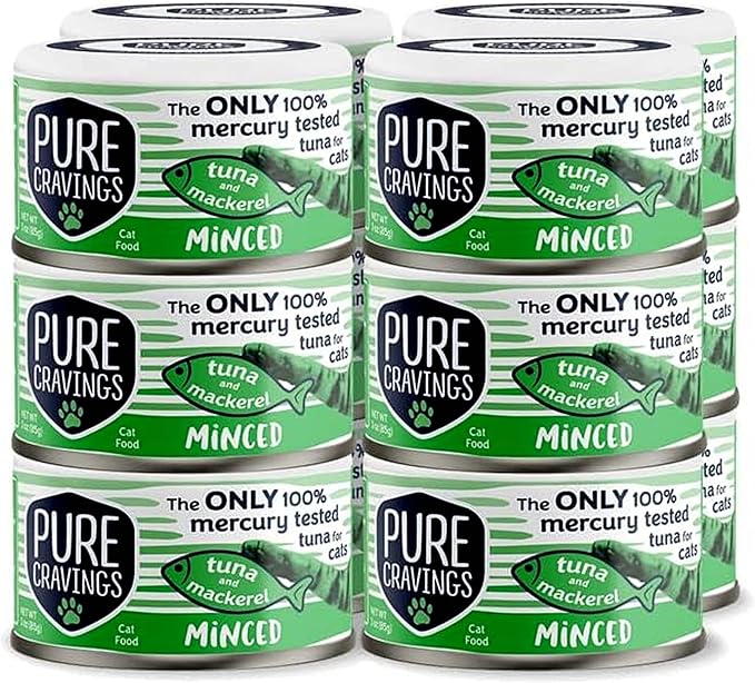 Minced Tuna and Mackerel Wet Canned Cat Food, 100% Mercury-Tested Tuna, Moist Can Fish for Cats, Grain-Free, Protein, Non-GMO, 3oz, Pack of 12
