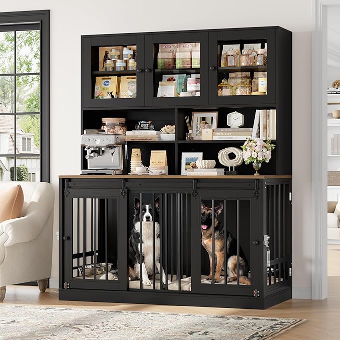 TTVIEW 71"H x 55"L Large Dog Crate Furniture with Hutch Shelf and Glass Door, Indoor Dog Kennel with Divider and Feeding Bowls for Large Dogs 2 Pets, Heavy Duty Dog Cage Pet House with 4 Doors, Black