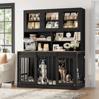 TTVIEW 71"H x 55"L Large Dog Crate Furniture with Hutch Shelf and Glass Door, Indoor Dog Kennel with Divider and Feeding Bowls for Large Dogs 2 Pets, Heavy Duty Dog Cage Pet House with 4 Doors, Black
