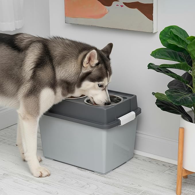 IRIS USA Elevated Dog Bowls, 15" H Raised Bowl for Large Dogs, Airtight Pet Food Storage Holds Up to 47 Lbs, 2 Removable 64 oz Stainless Steel Bowls, at Home or Camping, Dark Gray