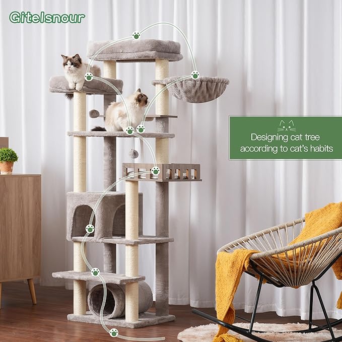 Cat Tree with Tunnel, Cat Tower for Indoor Cats, Tall Cat Tree Tower with Cat Condo, Food Station, Large Platform, Scratching Posts, Hammock, Light Gray GCT021W