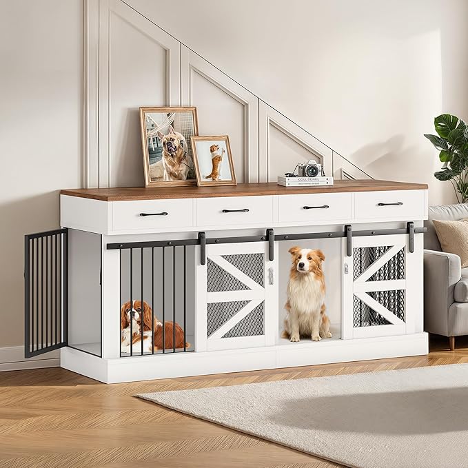 71" Large Dog Crate for 1 or 2 Dogs, Indoor Wooden Dog Cage with Removable Divider & 4 Storage Drawers - Heavy Duty Dog Kennel Furniture, Multi-Functional Pet Crates for Large/Medium Dogs,TV Stand
