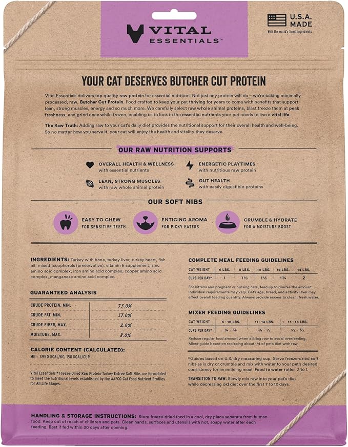 Vital Essentials Freeze-Dried Raw Turkey Meal or Mixer Cat Food Soft Nibs | 99% Turkey, Organs & Bone | 12 oz