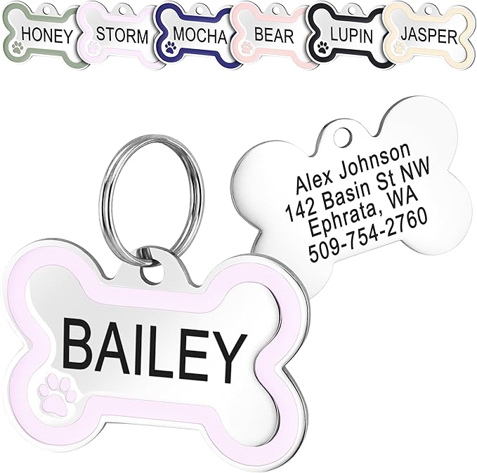 GoTags Stainless Steel Bone Dog Tag with Color Outline and Paw Print, Personalized Pet ID Tag for Dogs and Cats, Custom Engraving with up to 5 Lines of Text on Both Sides (Purple, Small)