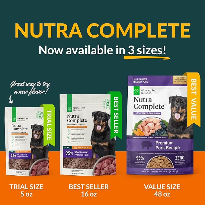 ULTIMATE PET NUTRITION Nutra Complete Freeze Dried Raw Dog Food, Veterinarian Formulated with Antioxidants, Prebiotics & Amino Acids (5 Ounce, Pork)
