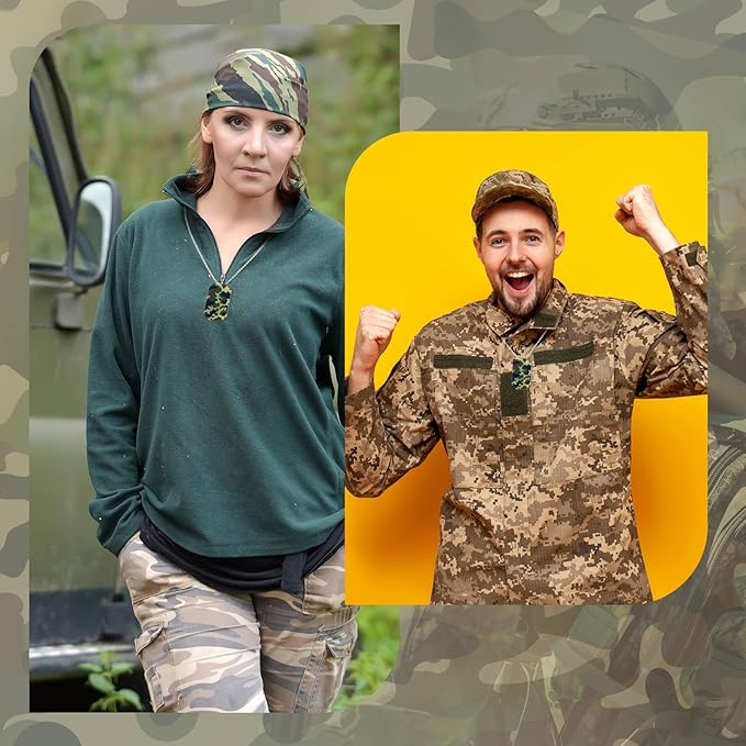 Wonderjune 60 Pack Camouflage Military Dog Tags Necklaces Acrylic Army Party Decorations Supplies Bulk with 70 cm Steel Long Beaded Chains for Soldier Men Dogs