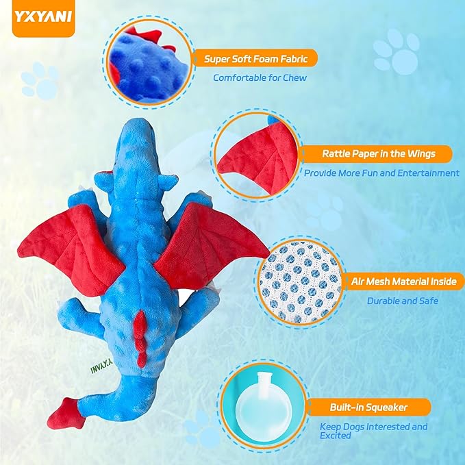 Durable Plush Dinosaur Dog Toys with Squeaker, Crinkle Paper Stuffed Chew Toys for Small Middle and Large Dogs 14 Inch