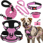 No Pull Dog Harness, Collar & Leash Set | Includes Dog Seat Belt, Collapsible Bowls & Poop Bag Dispenser. Ideal for Training, Walking, Hiking. Fits Small to Large Dogs(Pink-XL)