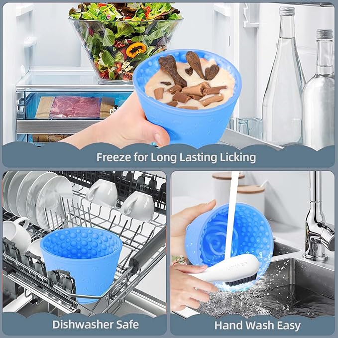 Dog Slow Feeder Lick Bowl, Non-Slip Licking Treat Dispenser, Slow Feeder Dog Bowls for Small Medium Large Breed Dogs, Anxiety Relief & Anti-Choking, BPA Free Silicone (Light Blue, 1.6 Cup)