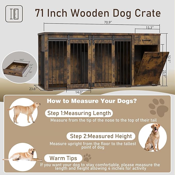 Large Dog Crate Furniture Large Breed,71 Inch Wooden Dog Crate with Tilt Out Trash Cabinet,Drawers,Divider and Sliding Barn Door, Double Doors Dogs Crate for 2 Dogs (Modern Walnut)