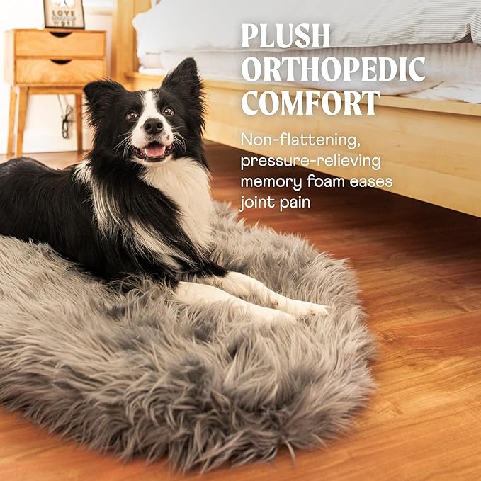 PupRug Orthopedic Dog Bed for Large Dogs with Fluffy Soft Faux Fur and Memory Foam for Joint Pain Relief, Machine Washable and Waterproof Couch Bed, Charcoal Grey, Large/Extra Large