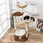 Big Modern Design Cat Tree Tower with White Cloud Mat, Unique Cat Supplies Tower with Scratching Post, Cute Wood Cat Tree Cat Furniture Activity Centre for Indoor Big Cats