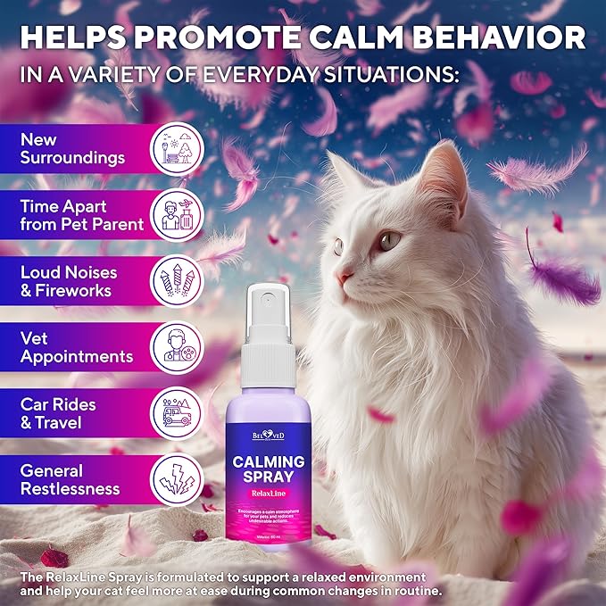 Calming Pheromone Spray & Scratch Repellent for Cats - Reduces Scratching Furniture, Pee - During Travel, Fireworks, Thunder, Vet Zone - Helps with Stress, Fighting, Hiding (60 ml (2 pack))