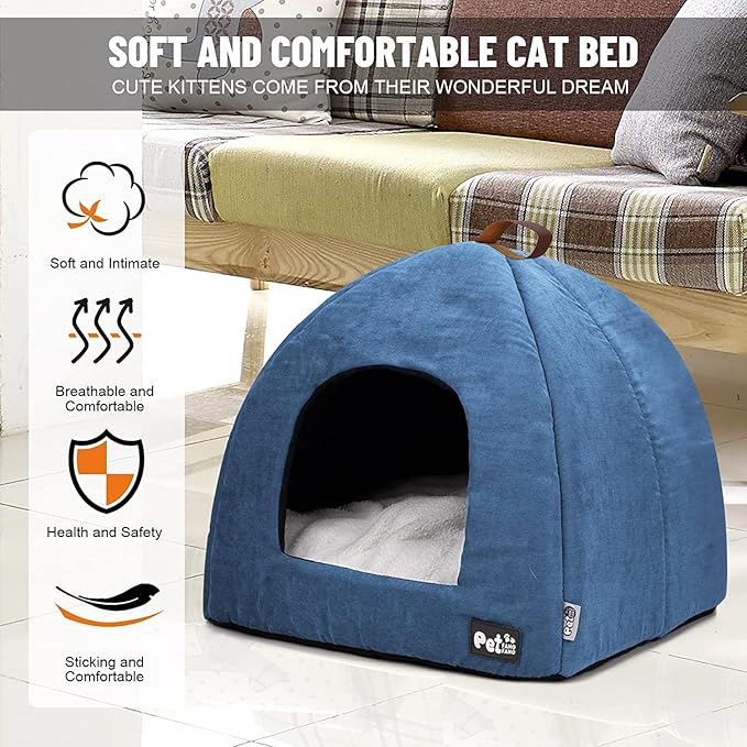 Cat Bed for Indoor Cats -Premium Pet Beds for Cats and Small Dogs, Cat Bed Cave, Comfortable Covered Cat Bed, Cat Tent, Kitten Bed, Small Animal Bed and Cat Hut with Cushioned Pillow (Large, Blue)