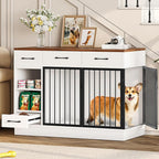 Large Dog Crate Furniture, 47.2'' Dog Kennel Indoor with 3 Storage Drawers and Hidden Feeding Bowl, Sturdy Wooden Dog Crate with 2 Doors and Adjustable Shelf for Small, Medium Dogs