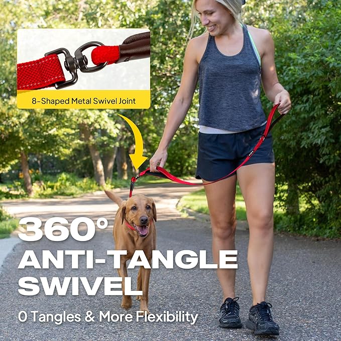 Fida 2-in-1 Slip Leads for Dogs with Double Handles, Tangle Free Leash for Large Dogs That Pull, Heavy Duty No Pull Training Leash Reflective Soft Padded for Large & Medium Breed(6ft,Red)