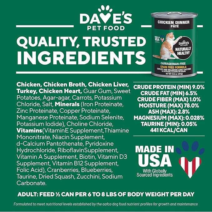 Dave's Pet Food Grain Free Wet Canned Cat Food Pate(Chicken), Made in USA Naturally Healthy, Wheat & Gluten-Free, 12.5 oz Cans (12 Pack)