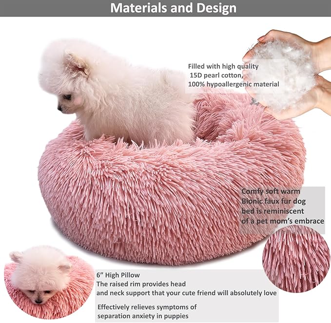 Pink Puppy Bed 15 Inch Washable, Donut Soft Small Pet Bed,Calming Anti Anxiety Round Fits up to 5 lbs Warm Comfort Pets Beds for Puppy Dogs Indoor…