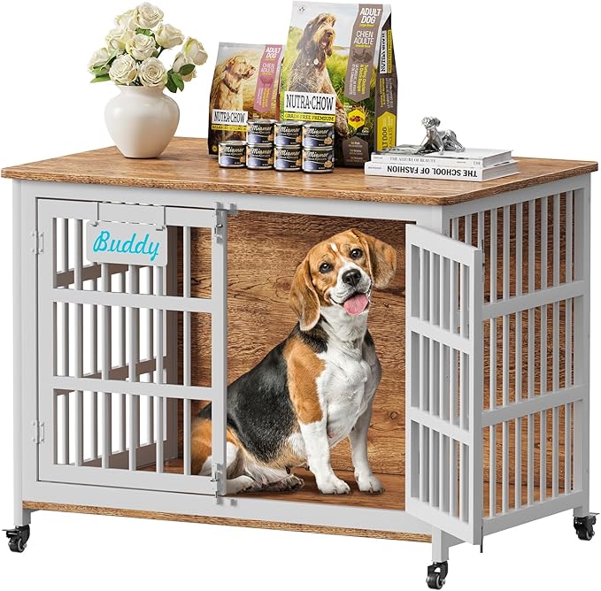 EasyCom 41"/33"/27" L Heavy Duty Dog Crate Furniture with Name Tag, Dog Kennel Indoor for Medium Dogs, Double-Doors Sturdy Metal Dog Cage for Anxiety Dog, Decorate House as TV Stand, End Table
