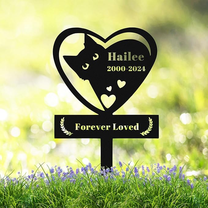 Personalized Cat Memorial Grave Marker Cross Stake, Custom Metal Engraved Sign, Heart Style