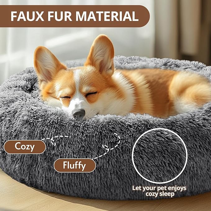 JOLLYVOGUE Calming Dog & Cat Bed for Small Dogs, Anti-Anxiety Donut Cuddler Cozy Soft Round Bed with Anti-Slip Bottom, Fluffy Faux Fur Plush Cushion Beds for Small Medium Dogs, 20"/Smoke Black